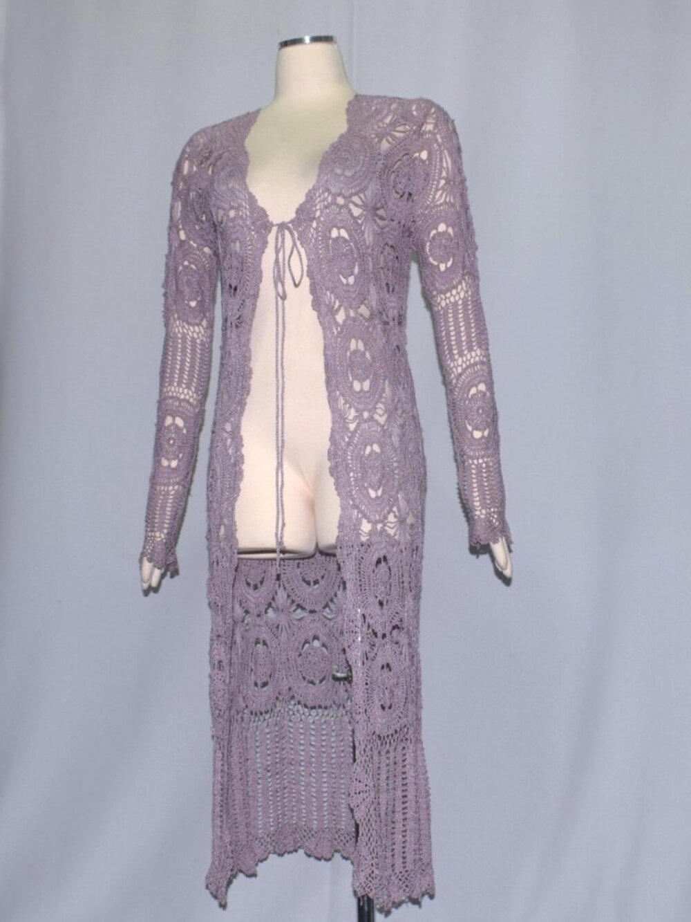 Vintage Y2K Boho Crochet Duster Long Cardigan Tie Front Lilac Festival Boho S